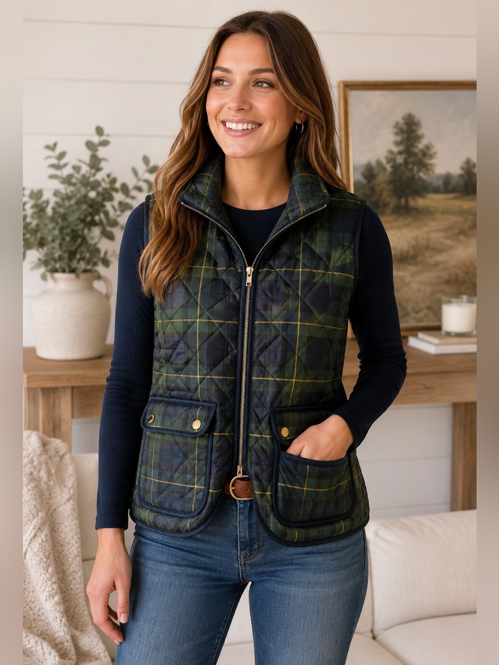 Max Studio Green Plaid Quilted Vest Medium
